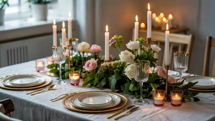 Elegant Candlelit Dinner Table, Elegant Candlelit Dinner Table Setting, Elegant Candlelit Dinner Table Decor for Romantic Evenings and Events