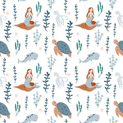 Underwater fairytale seamless pattern. Mermaid, turtle, algae, octopus, fish, whale. Childish Pattern for cards, invitations, designs in nautical style