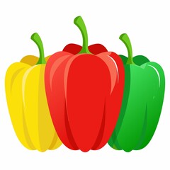 Three colorful bell peppers in a row: yellow, red, and green, with bright green stems on a white background