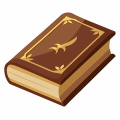 A closed brown book with golden decorations on the cover lying on a white background