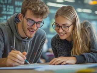 Collaborative Study Session for Students: Two Young Adults Engage in Modern Learning and Teamwork at University Desk
