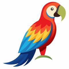 A cartoon illustration of a colorful parrot standing on a small patch of green grass on a white background