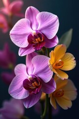 Obraz premium Luxurious purple orchid & yellow carnation mix, colorful backdrop, art, decor, orchid