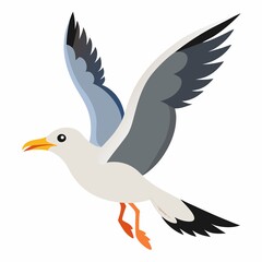 A cartoon seagull with gray and white feathers is flying with its wings spread wide open