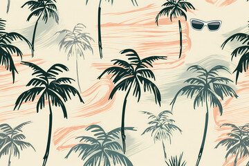 Seamless Hand-Drawn Palm Tree and Sun Summer Pattern Background Set

