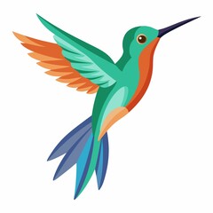 A colorful hummingbird with green body and blue tail flying on a white background art