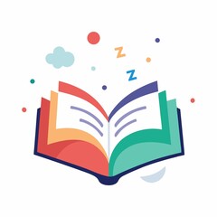 An open book with colorful pages and floating shapes suggesting sleep or dreaminess around it
