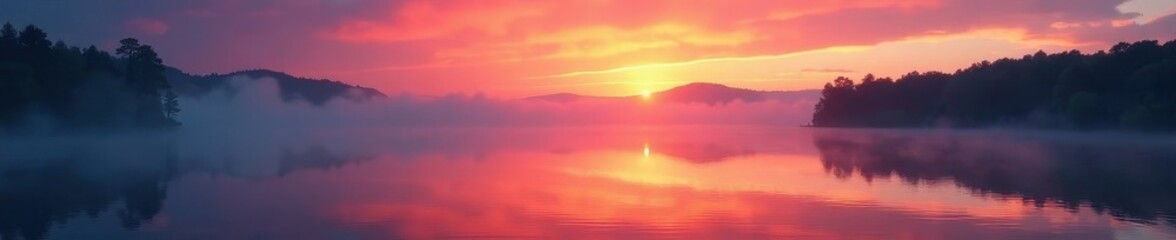 Misty dawn over still lake, vibrant sunrise colors reflected , water, image