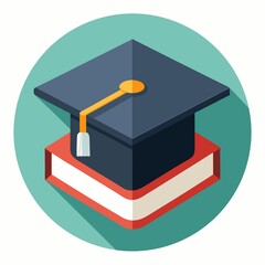 Illustration of a graduation cap on a book with a teal background in isometric view