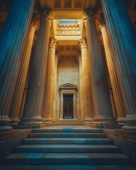 Grand Entrance to a Fictional Courthouse with Massive Columns and Imposing Architecture