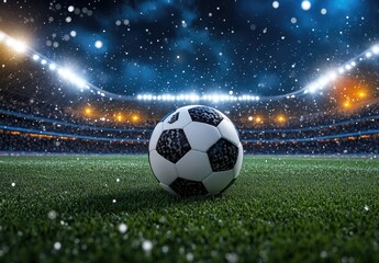 Fototapeta premium Vivid Soccer Ball on Green Grass in a Packed Stadium Under Bright Spotlights with Dark Sky Creating a Dynamic Sports Atmosphere with Falling Snow