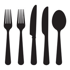 Set of fork, knife, spoon. Logotype menu. Set in flat style. Silhouette of cutlery. Vector Black illustration. with white background