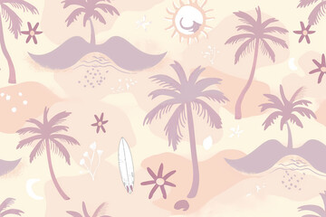 Obraz premium Seamless Hand-Drawn Palm Tree and Sun Summer Pattern Background Set