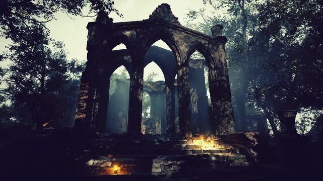 A decaying church surrounded by dense woods, illuminated by moonlight, embodying an eerie atmosphere.