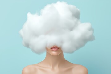 Beautiful Young Woman with White Cloud Overhead, Brain Fog Concept, Studio Shot on Blue Background, Mental Health, Stress, Cognitive Strain, Abstract Thought Visualization