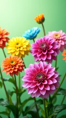 Fototapeta premium Vibrant Collection of Colorful Dahlia Flowers in Full Bloom Against a Soft Green Background