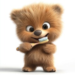 Adorable furry bear brushing teeth.  Cute cartoon character diligently cleaning its pearly whites