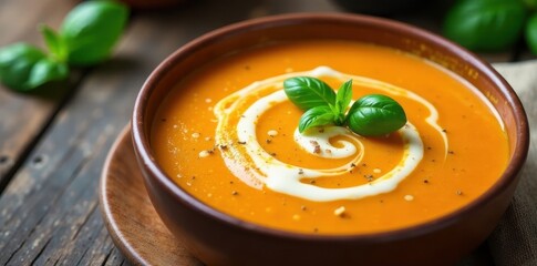 Rich orange soup, swirls of cream, fresh basil leaves, photography, gastronomy