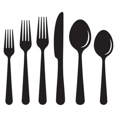 Set of fork, knife, spoon. Logotype menu. Set in flat style. Silhouette of cutlery. Vector Black illustration. with white background