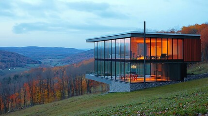 Fototapeta premium A modern glass house overlooking a scenic valley, surrounded by autumn foliage and bathed in warm evening light.