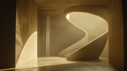 Interior space featuring a modern curved staircase in beige tones