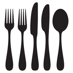 Set of fork, knife, spoon. Logotype menu. Set in flat style. Silhouette of cutlery. Vector Black illustration. with white background