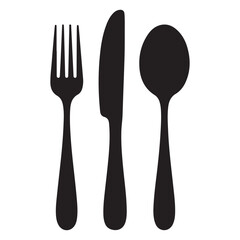 Set of fork, knife, spoon. Logotype menu. Set in flat style. Silhouette of cutlery. Vector Black illustration. with white background