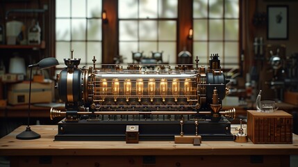 Complex Mechanical Device with Glowing Elements and Brass Accents in a Vintage Workshop Setting