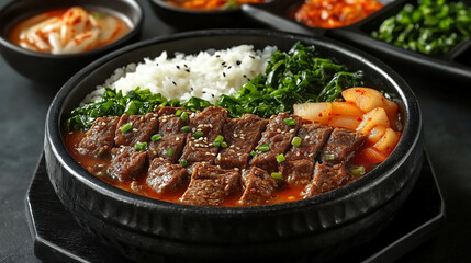 Fototapeta premium a bowl of bulgogi rice with side dishes and soup on a dark table, warm and appetizing colors, korean home-style meal.