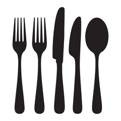 Set of fork, knife, spoon. Logotype menu. Set in flat style. Silhouette of cutlery. Vector Black illustration. with white background