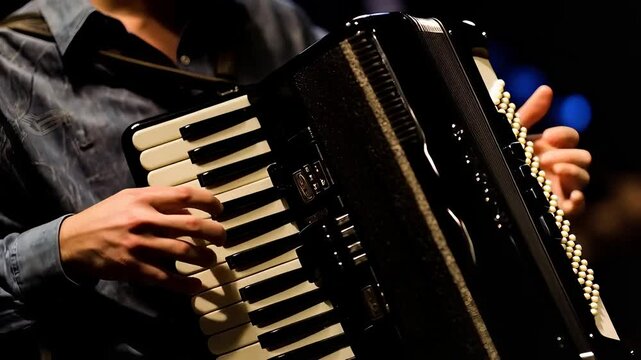 Musician performs on accordion during intimate concert in a cozy venue on a warm evening