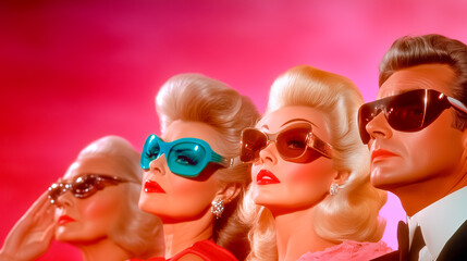 Mannequins showcase various retro sunglasses while posing confidently. Bright pink backdrop enhances the vibrant fashion statement. Concept of eyewear fashion, retail displays, trend setting