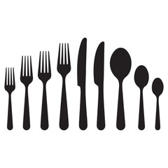 Set of fork, knife, spoon. Logotype menu. Set in flat style. Silhouette of cutlery. Vector Black illustration. with white background