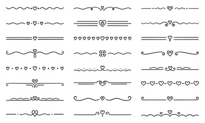 Text dividers with hearts doodle set. Wedding decorative elements. Separate ornament, borders, lines. Hand drawn vector illustration isolated on white background