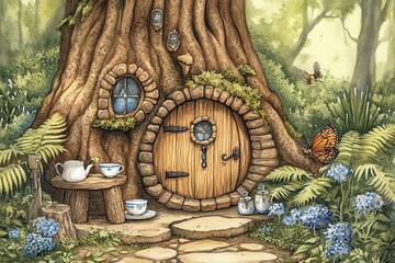 Fototapeta premium Enchanting Treehouse Home in Magical Forest.