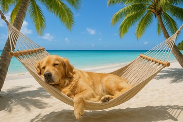 Golden retriever sleeping in hammock on tropical beach under palm trees.