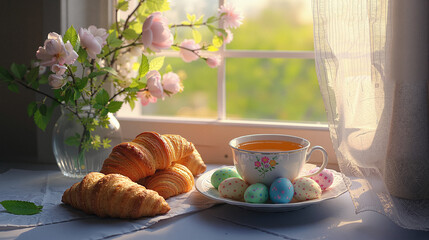 Delicious pastries and colorful eggs with tea by the window  