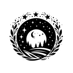 Nighttime Forest Silhouette: Moon & Stars in a Circular Frame
