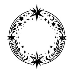 Celestial Circle Frame: Stars, Leaves, and Moon, Minimalist Design