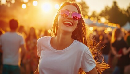 Woman Laughing with Heart Sunglasses in Sunlit Outdoor Festival with Blurred Crowd Background