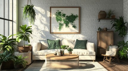 Sofa, tables and houseplants near white brick wall in interior of living room