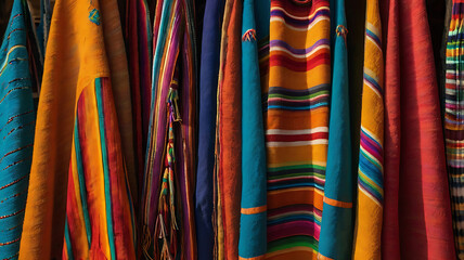 Vibrant silk and cotton scarves with traditional Indian patterns on display at a bustling market
