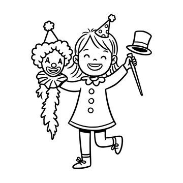 happy girl holding clown head and hat clip art preview