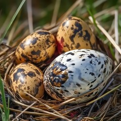 Obraz premium Nest with varied eggs in grass near forest