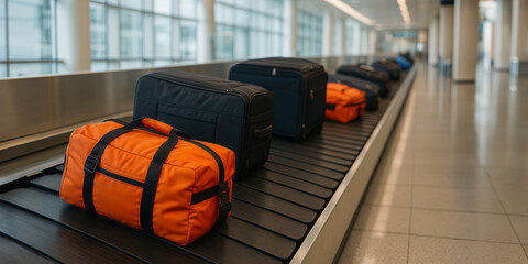 Bags move on a conveyor belt at an airport terminal, featuring vibrant orange and black luggage.
