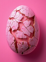 Pink cracked chocolate egg with a dry painted texture on matching pink background. Conceptual pop-art food image with monochromatic aesthetic.