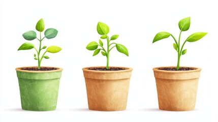 Eco-friendly biodegradable flower pots with fresh green sprouts on white background