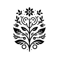 Obraz premium Minimalist Floral Emblem, Black & White, Folk Art Style