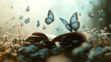 Open book surrounded by butterflies in a field of flowers