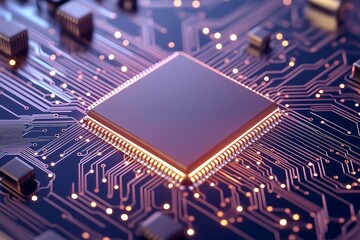 Obraz premium Close-Up of Advanced AI Microchip with Golden Circuitry, Illuminated Pathways, Cyberpunk-Inspired Neon Lights, Red and Blue Glowing Sectors, Intricate Transistors and Capacitors